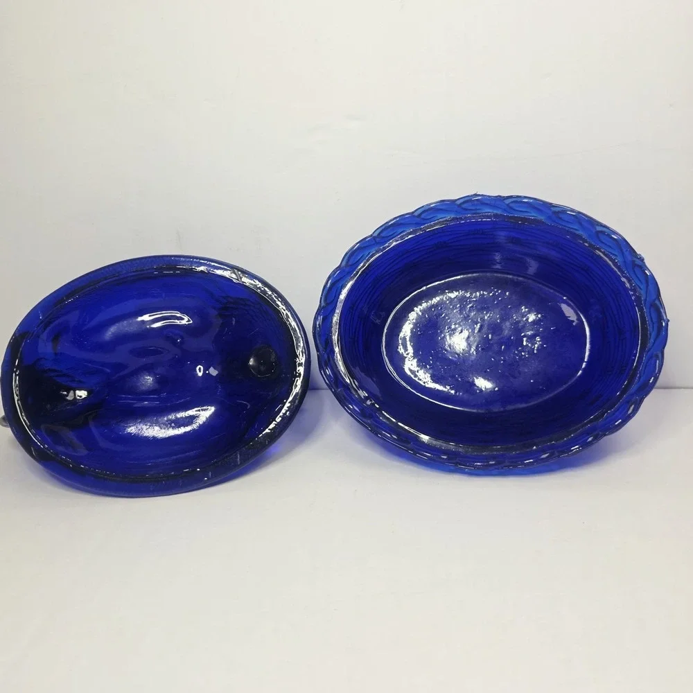 Vintage Hen On Nest Cobalt Blue  Glass Candy Dish 5